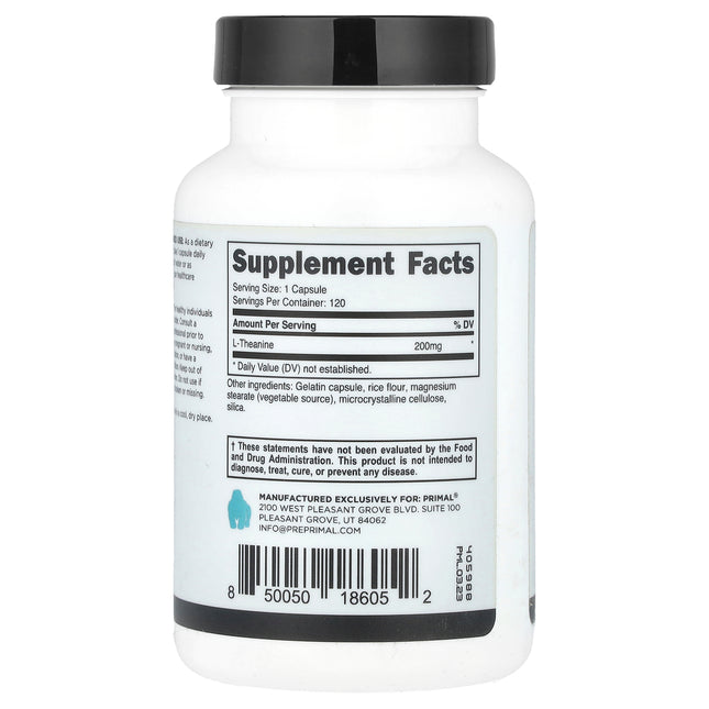 PrePrimal L-Theanine, 200 mg, 120 Capsules - supplement facts and ingredients label