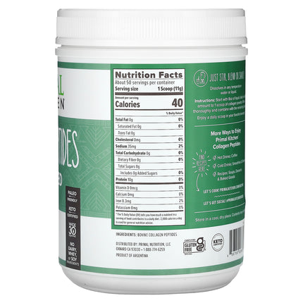 Primal Kitchen Collagen Peptides, Unflavoured - Back label with supplement facts and ingredients