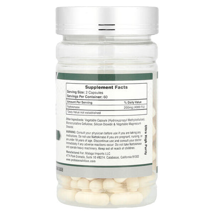 Probase Nutrition Nattokinase 120 Capsules supplement facts back label
