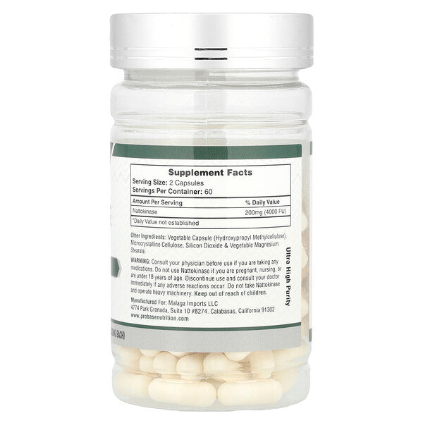 Probase Nutrition Nattokinase 120 Capsules supplement facts back label