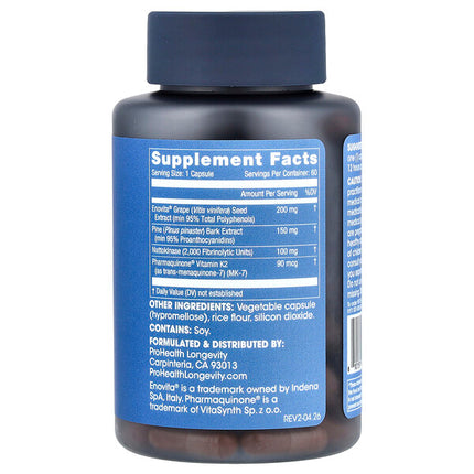 ProHealth Longevity Nattokinase Pro 2000 60 Capsules supplement facts back label