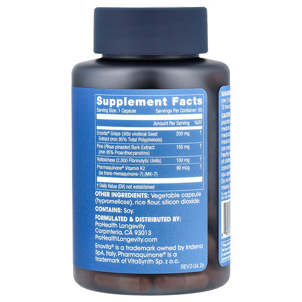 ProHealth Longevity Nattokinase Pro 2000 60 Capsules supplement facts back label