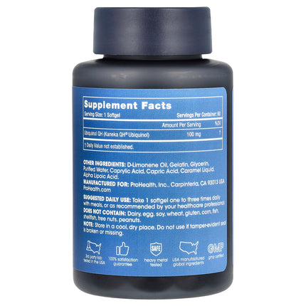 ProHealth Longevity ubiquinol CoQ-10 100 mg bottle showing supplement facts and ingredients