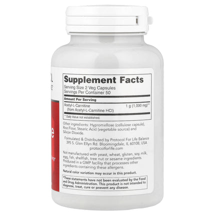 Protocol for Life Balance Acetyl L-Carnitine, 500 mg 100 Veg Capsules - back label with supplement facts and ingredients