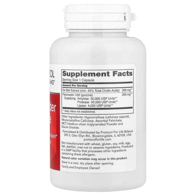 Protocol for Life Balance Gallbladder Complete bottle back label with supplement facts and ingredients
