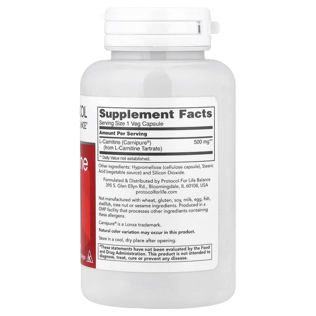 Protocol for Life Balance L-Carnitine, 500 mg 60 Veg Capsules - back label with supplement facts and ingredients