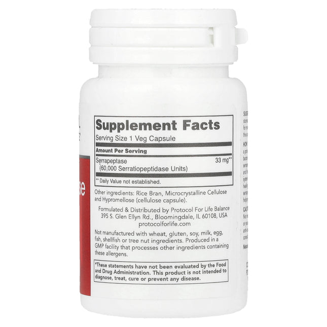 Protocol for Life Balance Serrapeptase 33 mg 60 Veg Capsules bottle, back label with supplement facts