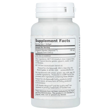 Protocol for Life Balance ubiquinol 100 mg bottle showing supplement facts and ingredients