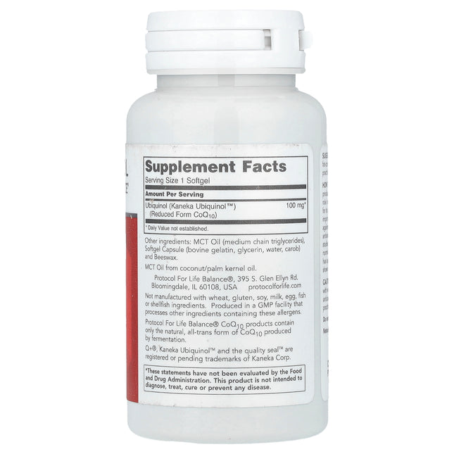 Protocol for Life Balance ubiquinol 100 mg bottle showing supplement facts and ingredients
