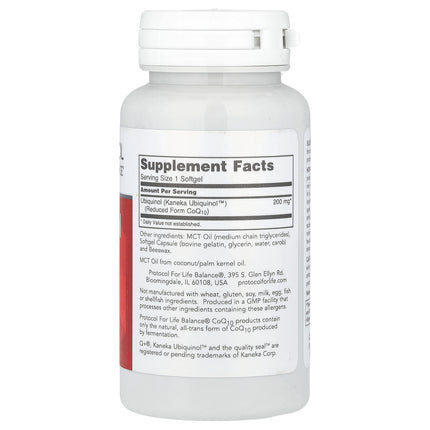 Protocol for Life Balance ubiquinol 200 mg bottle showing supplement facts and ingredients