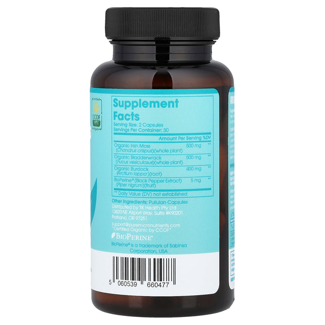 Pure Micronutrients Organic Irish Sea Moss 60 capsules back label with supplement facts and ingredients