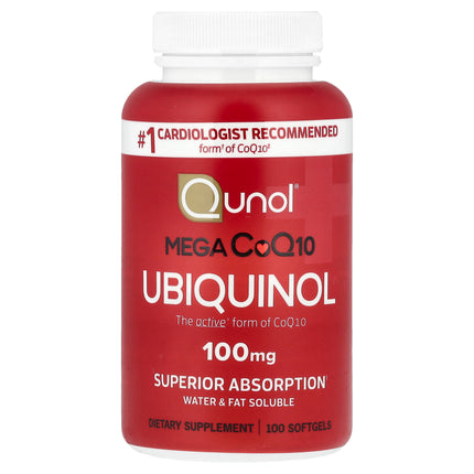 Qunol Mega CoQ10 Ubiquinol 100 mg bottle front, 100 softgels