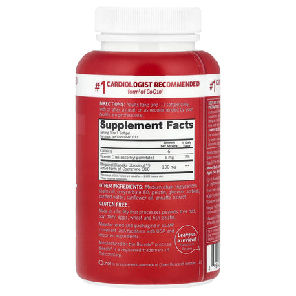 Qunol Mega water soluble ubiquinol 100 mg 100 softgel bottle showing supplement facts and ingredients