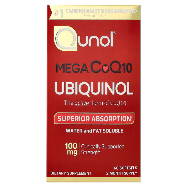 Qunol Mega CoQ10 Ubiquinol 100 mg bottle front, 60 softgels