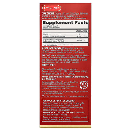 Qunol Mega water soluble ubiquinol 100 mg 60 softgel bottle showing supplement facts and ingredients