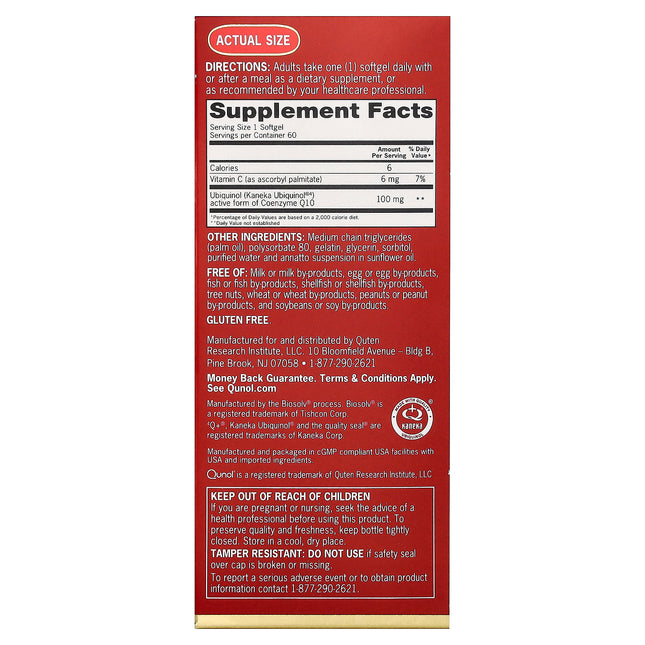 Qunol Mega water soluble ubiquinol 100 mg 60 softgel bottle showing supplement facts and ingredients