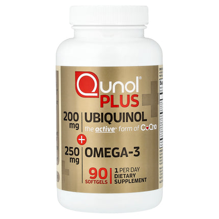 Qunol Plus Ubiquinol + Omega-3 bottle front, 90 softgels