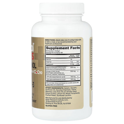 Qunol Plus ubiquinol and omega-3 bottle showing directions, supplement facts and ingredients