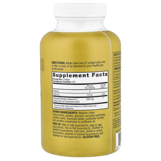 Qunol extra strength ubiquinol 100 mg bottle showing supplement facts and ingredients