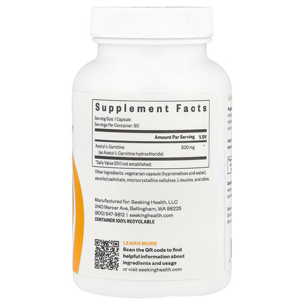 Seeking Health Acetyl-L-Carnitine, 500 mg 90 Capsules - back label with supplement facts and ingredients
