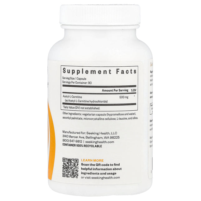 Seeking Health Acetyl-L-Carnitine, 500 mg 90 Capsules - back label with supplement facts and ingredients