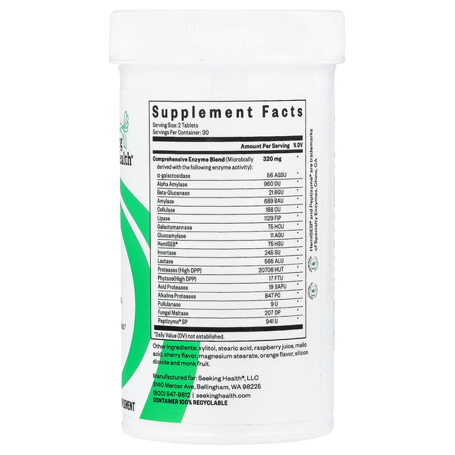 Seeking Health Digestive Enzymes Chewable bottle back label with supplement facts and ingredients