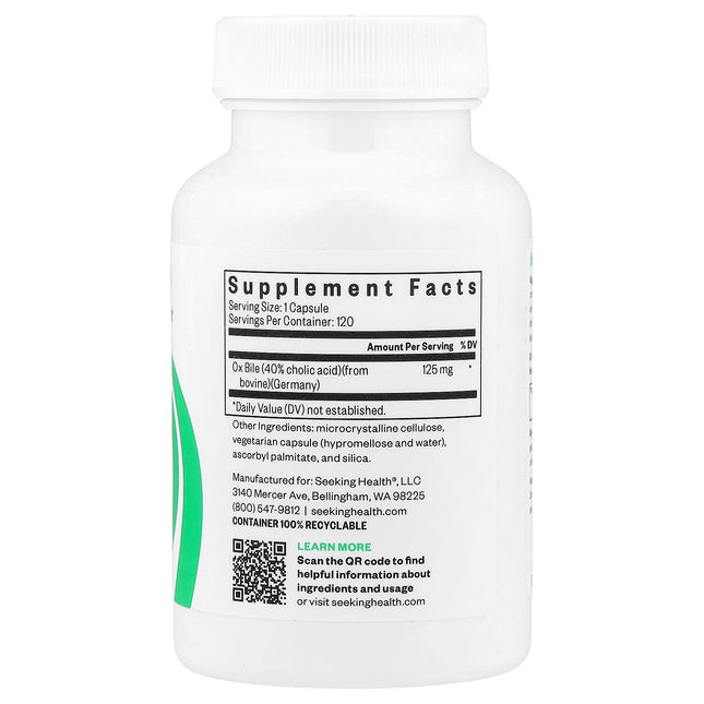 Seeking Health Ox Bile bottle back label with supplement facts and ingredients