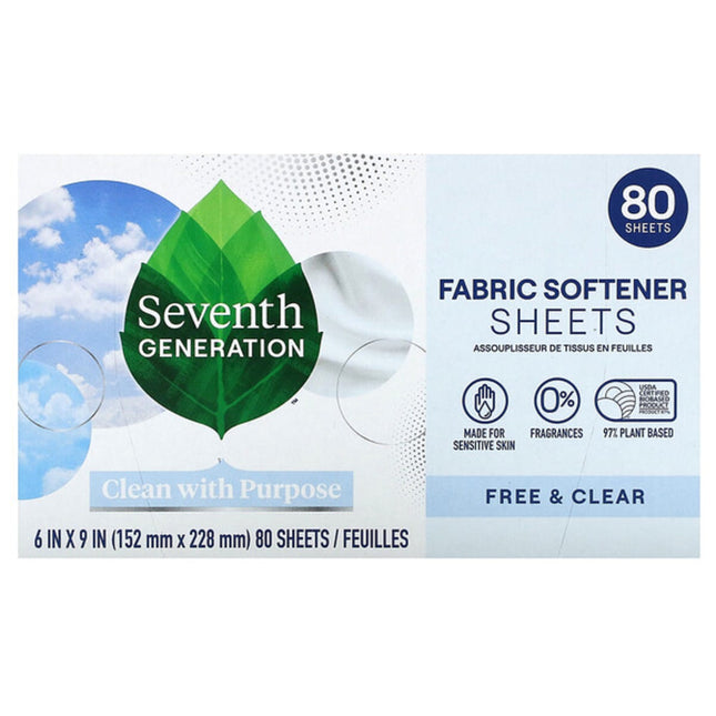 Seventh Generation, Fabric Softener Sheets, Free & Clear, 80 Sheets  - front of pack
