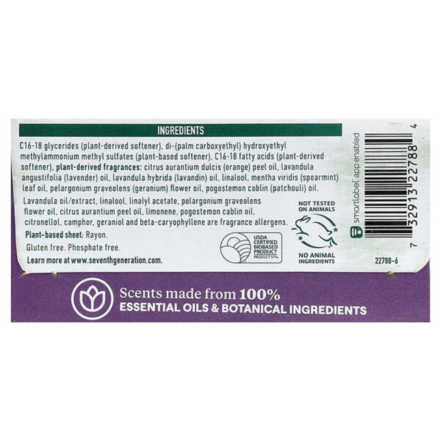 Seventh Generation, Fabric Softener Sheets, Fresh Lavender, 80 Sheets  - back label with ingredients