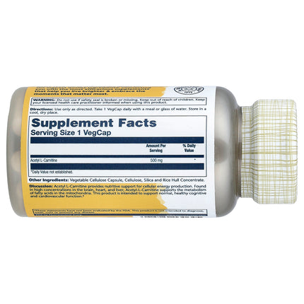 Solaray Acetyl L-Carnitine, 500 mg 30 VegCaps - back label with supplement facts and ingredients