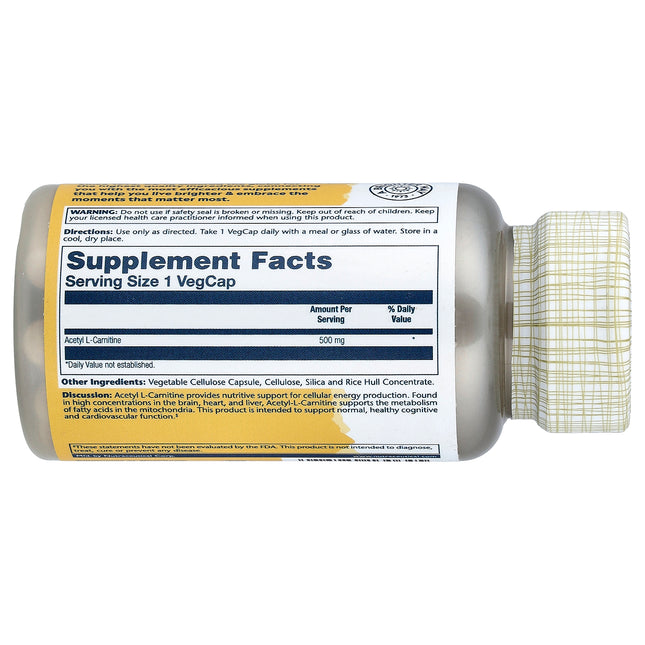 Solaray Acetyl L-Carnitine, 500 mg 30 VegCaps - back label with supplement facts and ingredients