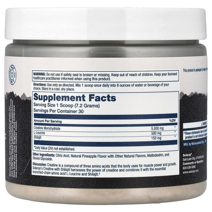 Solaray Creatine with Shilajit Natural Pineapple 7.6 oz 216 g - back label with supplement facts