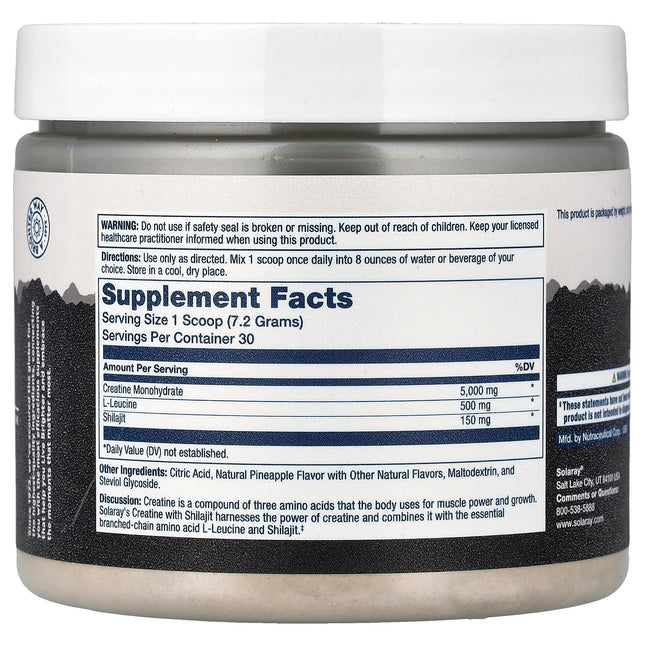 Solaray Creatine with Shilajit Natural Pineapple 7.6 oz 216 g - back label with supplement facts