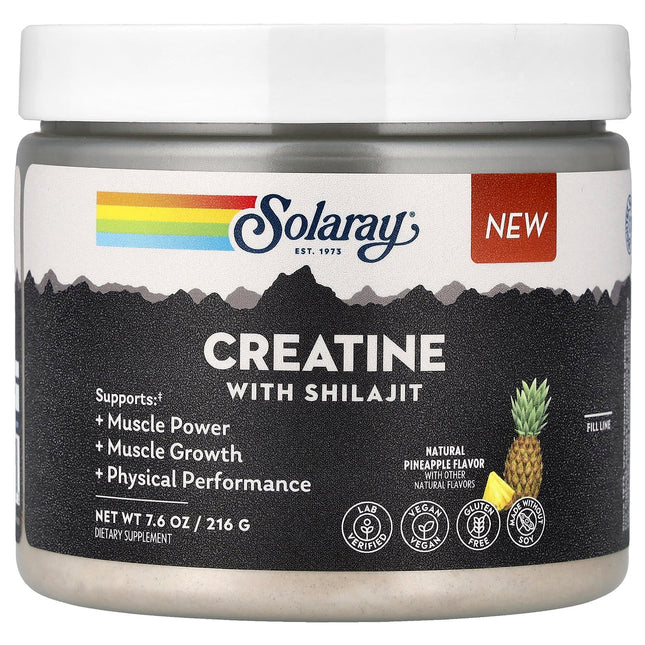 Solaray Creatine with Shilajit Natural Pineapple 7.6 oz 216 g - front of tub