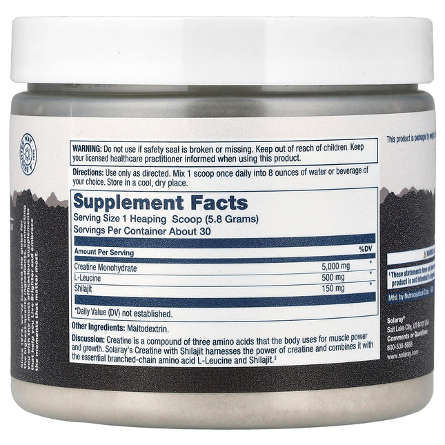 Solaray Creatine with Shilajit Unflavored 6.1 oz 173 g - back label with supplement facts