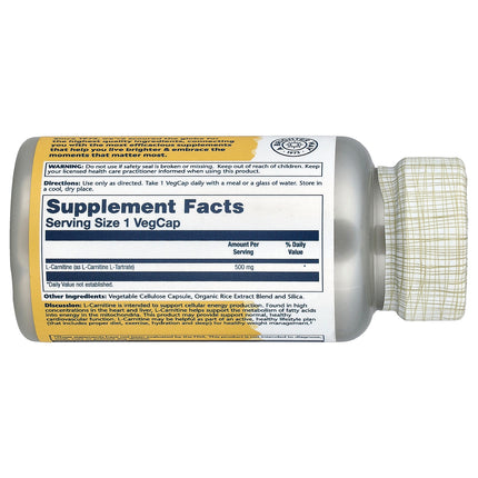 Solaray L-Carnitine, 500 mg 60 VegCaps - back label with supplement facts and ingredients