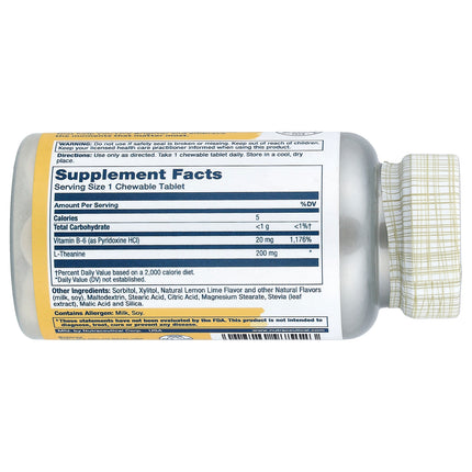 Solaray L-Theanine Chewables, Natural Lemon Lime, 200 mg, 30 Chewables - supplement facts and ingredients label
