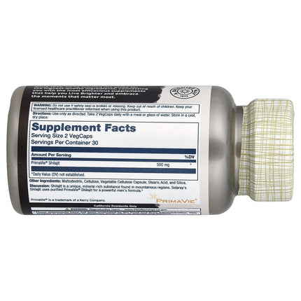 Solaray Men's Shilajit 60 VegCaps 250 mg - back of bottle with supplement facts
