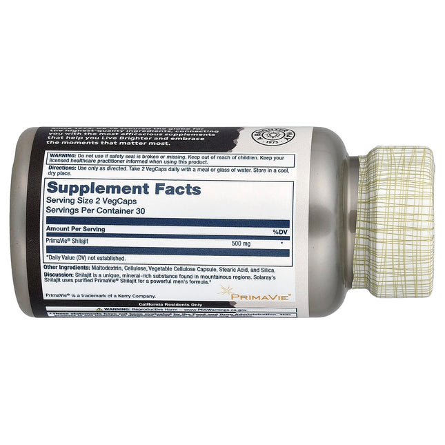Solaray Men's Shilajit 60 VegCaps 250 mg - back of bottle with supplement facts