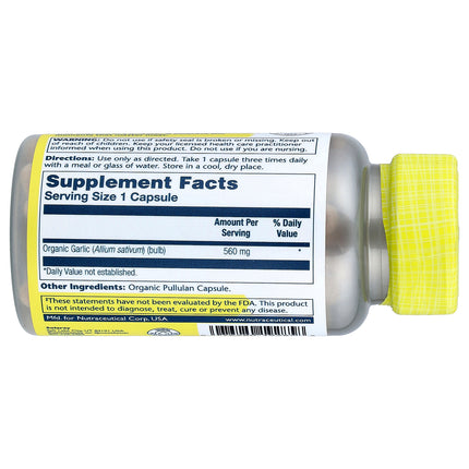Solaray Organic Garlic 560 mg 100 Organic Capsules - bottle on its side showing Supplement Facts and ingredients