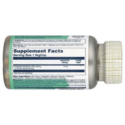 Solaray Serrapeptase 10 mg 90 VegCaps bottle, side label with supplement facts