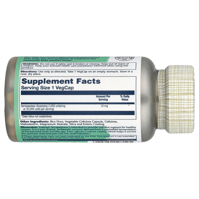 Solaray Serrapeptase 10 mg 90 VegCaps bottle, side label with supplement facts