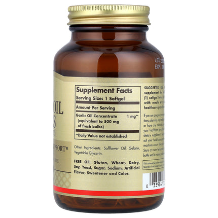 Solgar Garlic Oil Pearls Concentrate 250 Softgels - back label with Supplement Facts and ingredients
