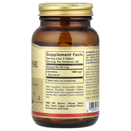 Solgar L-Carnitine, Free Form, 500 mg per Tablet 60 Tablets - back label with supplement facts and ingredients