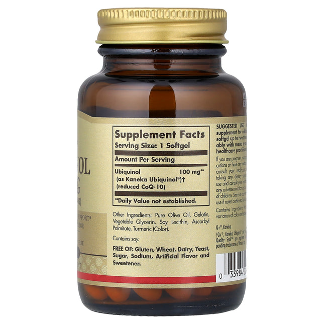 Solgar reduced CoQ10 ubiquinol 100 mg bottle showing supplement facts and ingredients