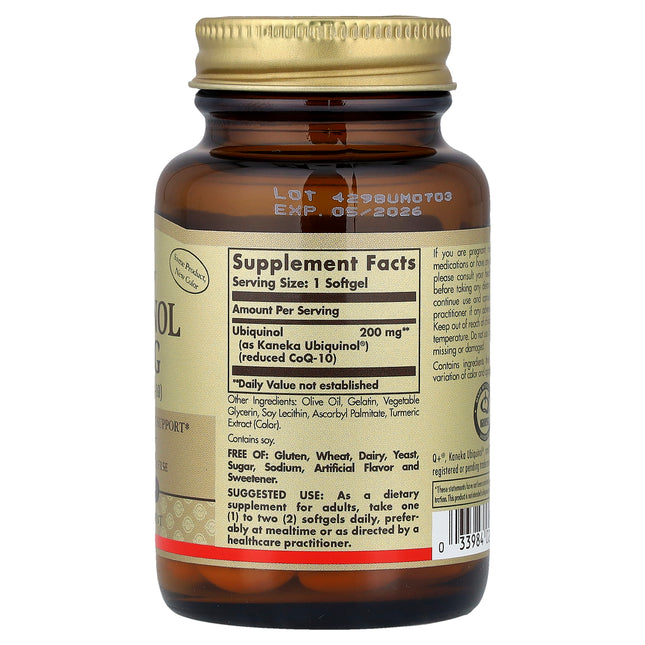 Solgar reduced CoQ10 ubiquinol 200 mg bottle showing supplement facts and ingredients