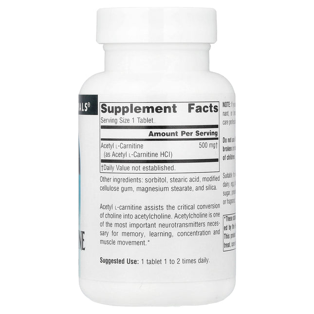 Source Naturals Acetyl L-Carnitine, 500 mg 60 Tablets - back label with supplement facts and ingredients