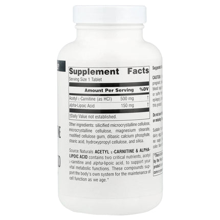 Source Naturals Acetyl L-Carnitine & Alpha-Lipoic Acid 120 Tablets - back label with supplement facts and ingredients