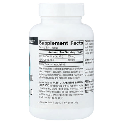 Source Naturals Acetyl L-Carnitine & Alpha-Lipoic Acid 60 Tablets - back label with supplement facts and ingredients