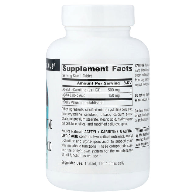 Source Naturals Acetyl L-Carnitine & Alpha-Lipoic Acid 60 Tablets - back label with supplement facts and ingredients